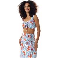 Liquorish Women's Tie Front Floral Print Crop Top in Blue & Red | Size: 10