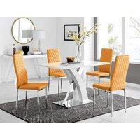 FurnitureboxUK Atlanta White High Gloss & Chrome 4 Seater Dining Table with X Shaped Legs & 4 Faux Leather Milan Chairs in Mustard