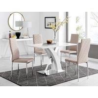 FurnitureboxUK Atlanta White High Gloss & Chrome 4 Seater Dining Table with X Shaped Legs & 4 Faux Leather Milan Chairs in Beige