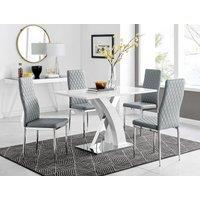 FurnitureboxUK Atlanta White High Gloss & Chrome 4 Seater Dining Table with X Shaped Legs & 4 Faux Leather Milan Chairs in Grey