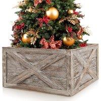 Costway Vintage Christmas Tree Collar Box 100% Solid Wood Wooden Tree Box Stand Cover W/ Hook & Loop Fastener in Dark Grey