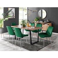 FurnitureboxUK Kylo Large Brown Wood Effect Dining Table & 6 Pesaro Velvet Silver Leg Chairs in Green