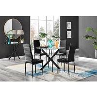 Novara 4 Seater Black Leg Round Glass Dining Table & 4 Milan Soft Velvet Black Leg Chairs