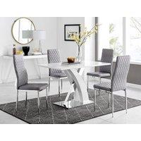 FurnitureboxUK Atlanta White High Gloss & Chrome 4 Seater Dining Table with X Shaped Legs & 4 Soft Velvet Milan Chairs in Grey