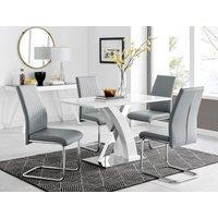 FurnitureboxUK Atlanta White High Gloss & Chrome 4 Seater Dining Table with X Shaped Legs & 4 Faux Leather Lorenzo Chairs in Grey