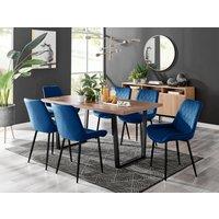 FurnitureboxUK Kylo Large Brown Wood Effect Dining Table & 6 Pesaro Velvet Black Leg Chairs in Navy