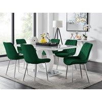 FurnitureboxUK Giovani 6-Seater Grey Glass Dining Table & 6 Pesaro Soft Velvet Dining Chairs in Green
