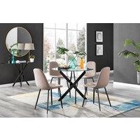 FurnitureboxUK Novara 4 Seater Black Leg Round Glass Dining Table & 4 Corona Faux Leather Black Leg Chairs in Beige