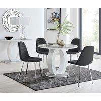 FurnitureboxUK Giovani Round 4 Seat 100cm White High Gloss Halo Base Grey Glass Top Dining Table 4 Soft Faux Leather Silver Leg Corona Chairs in Black
