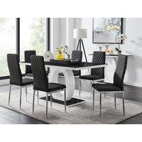 FurnitureboxUK Giovani Rectangular 6 Seat White High Gloss Unique Halo Dining Table Black Glass Top 6 Faux Leather Silver Leg Milan Chairs