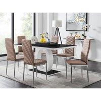 FurnitureboxUK Giovani Rectangular 6 Seat White High Gloss Unique Halo Dining Table Black Glass Top 6 Faux Leather Silver Leg Milan Chairs in Beige