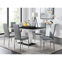 FurnitureboxUK Giovani Rectangular 6 Seat White High Gloss Unique Halo Dining Table Black Glass Top 6 Faux Leather Silver Leg Milan Chairs in Grey