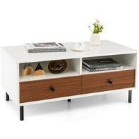 Costway Modern Coffee Table Rectangle Side Table Wooden Tea Table w/ 2 Drawers & 2 Shelves in White
