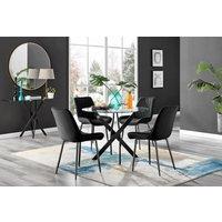 FurnitureboxUK Novara 4 Seater Black Leg Round Glass Dining Table & 4 Pesaro Soft Velvet Black Leg Chairs