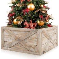 Costway Vintage Christmas Tree Collar Box 100% Solid Wood Wooden Tree Box Stand Cover W/ Hook & Loop Fastener in Light Brown