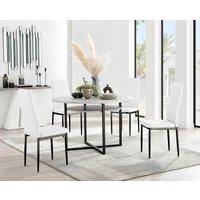 FurnitureboxUK Adley Grey Concrete Effect & Black Round Dining Table with Shelf & 4 Faux Leather Milan Dining Chairs in White