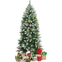 Costway 6FT Artificial Pine Xmas Tree Snow Flocked Christmas Tree with Red Berries in Green