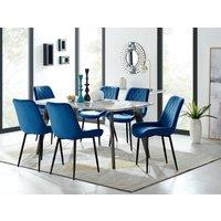 FurnitureboxUK Andria White Marble Effect & Black Leg 6 Seater Dining Table & 6 Pesaro Soft Velvet Chairs in Navy