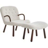 Netural Boucl Armchair and Footstool Set with Wooden Legs