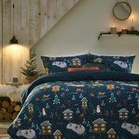 Furn Winter Pines Pyjama Fleece Festive Duvet Cover Set in Navy | Size: Single