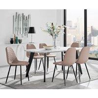 FurnitureboxUK Andria White Marble Effect & Black Leg 6 Seater Dining Table & 6 Corona Faux Leather Chairs in Beige