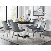 FurnitureboxUK Giovani Rectangular 6 Seat White High Gloss Unique Halo Base Dining Table Black Glass Top 6 Soft Velvet Silver Leg Pesaro Chairs