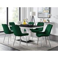 FurnitureboxUK Giovani Rectangular 6 Seat White High Gloss Unique Halo Base Dining Table Black Glass Top 6 Soft Velvet Silver Leg Pesaro Chairs