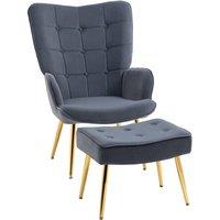 HOMCOM Armchair with Footstool Button Tufted Accent Chair w/ Steel Legs in Dark Grey