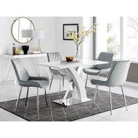 FurnitureboxUK Atlanta White High Gloss & Chrome 4 Seater Dining Table with X Shaped Legs & 4 Soft Velvet Pesaro Chairs in Grey