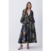 Silk Cotton Botanical Floral Woven Maxi Dress