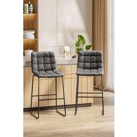2Pcs Grey Grid Faux Leather Height Bar Stool Counter Dining Chair
