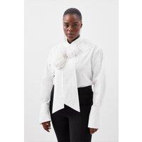 Plus Size Striped Cotton Woven Shirt With Rosette