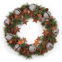 Shatchi 40cm Bells Starsand Pine Green Christmas Wreath in Silver