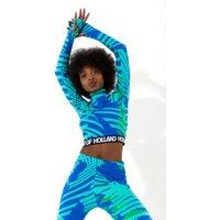 House of Holland Women's Jersey High Neck Top with a Tropical Print Elasticated Logo Waistband & Thumb Hole Details in Blue | Size: Medium