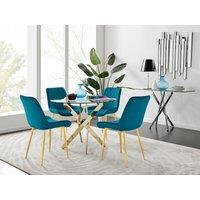 FurnitureboxUK Novara 100cm Round Tempered Glass Dining Table with Gold Legs & 4 Pesaro Velvet Chairs in Blue