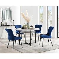 FurnitureboxUK Adley Grey Concrete Effect Round Dining Table & 4 Nora Black Leg Velvet Chairs in Blue