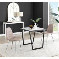 FurnitureboxUK Carson White Marble Effect Square Dining Table & 2 Faux Leather Corona Silver Chairs in Beige