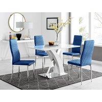 FurnitureboxUK Atlanta White High Gloss & Chrome 4 Seater Dining Table with X Shaped Legs & 4 Soft Velvet Milan Chairs in Navy