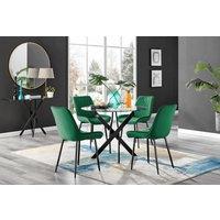 FurnitureboxUK Novara 4 Seater Black Leg Round Glass Dining Table & 4 Pesaro Soft Velvet Black Leg Chairs in Green