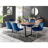 FurnitureboxUK Kylo Large Brown Wood Effect Dining Table & 6 Pesaro Velvet Silver Leg Chairs in Navy