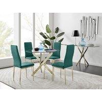 FurnitureboxUK Novara 100cm Round Tempered Glass Dining Table with Gold Legs & 4 Milan Velvet Chairs in Green