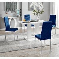 FurnitureboxUK Imperia 4 Seater Modern White High Gloss Rectangular Dining Table & 4 Milan Velvet Chairs in Navy