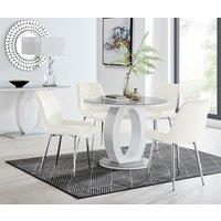FurnitureboxUK Giovani Round 4 Seat 100cm White High Gloss Halo Base Grey Glass Top Dining Table 4 Soft Velvet Silver Leg Pesaro Chairs in Cream