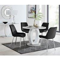 FurnitureboxUK Giovani Round 4 Seat 100cm White High Gloss Halo Base Grey Glass Top Dining Table 4 Soft Velvet Silver Leg Pesaro Chairs in Black