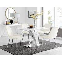 FurnitureboxUK Atlanta White High Gloss & Chrome 4 Seater Dining Table with X Shaped Legs & 4 Soft Velvet Pesaro Chairs in Cream
