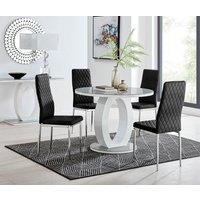 FurnitureboxUK Giovani Round 4 Seat 100cm White High Gloss Halo Base Grey Glass Top Dining Table 4 Soft Velvet Silver Leg Milan Chairs in Black