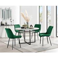 FurnitureboxUK Adley Grey Concrete Effect & Black Round Dining Table with Shelf & 4 Velvet Pesaro Dining Chairs in Green