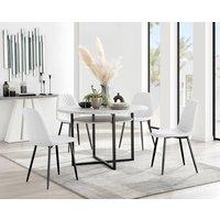 FurnitureboxUK Adley Grey Concrete Effect & Black Round Dining Table with Shelf & 4 Faux Leather Corona Dining Chairs in White