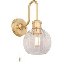 Loops Satin Brass Bathroom Wall Light & Ribbed Glass Shade IP44 Rated Knurled Detail in Clear