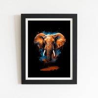 Warren Reed - Designer Splashart Elephant Blue Framed Art Print in Black | Size: W8 x H10